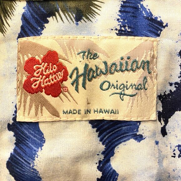 Vtg HILO HATTIE Made In USA Hawaiian Shirt Surfboards Palm Trees Men's Beachy L - Picture 5 of 7